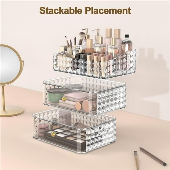 Clear stackable makeup organizer with drawers tray vanity storage case - Picture 2 of 7